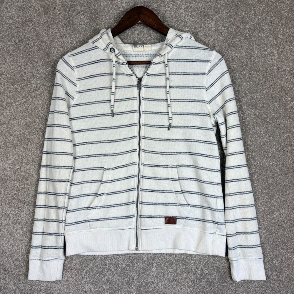 Roxy Womens Striped Full Zip Hoodie White Navy Blue XS